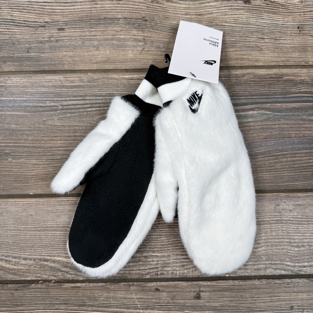 Nike Women's Faux Fur Warm Mittens Glove Size XS/S White Black Furry NEW
